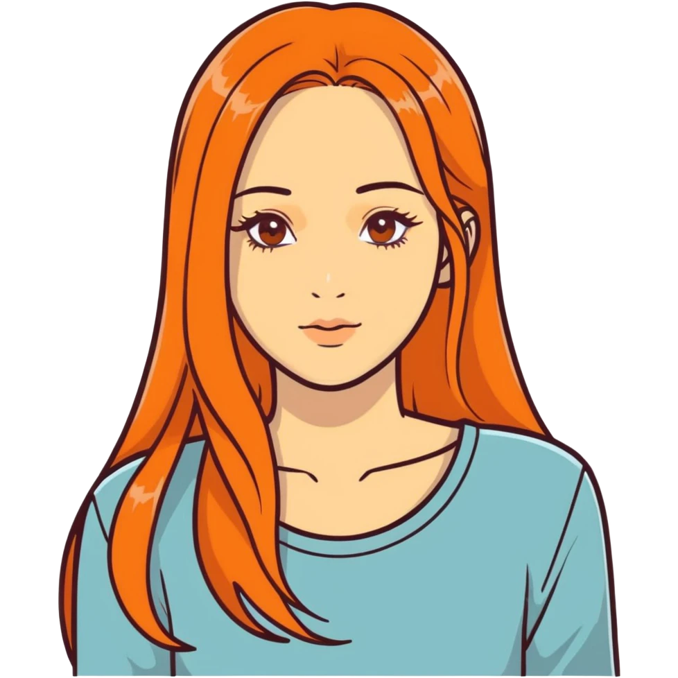 Cara de mujer con cabello largo color naranja con ojos marrones y pestañas largas emoji