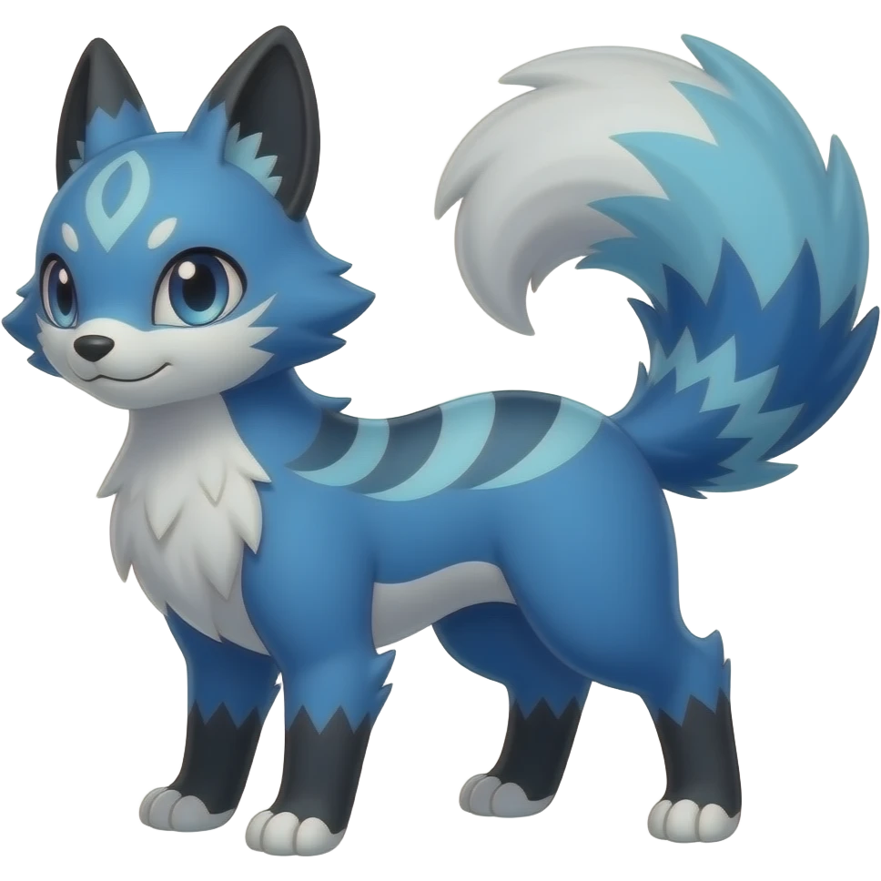 Blue, indigo, white, black Hyper-realistic Colorful Skilled Adept Graceful Asian Painted Meloetta-Furret-Lycanroc-Zangoose-fusion-hybrid-creature (full body) emoji