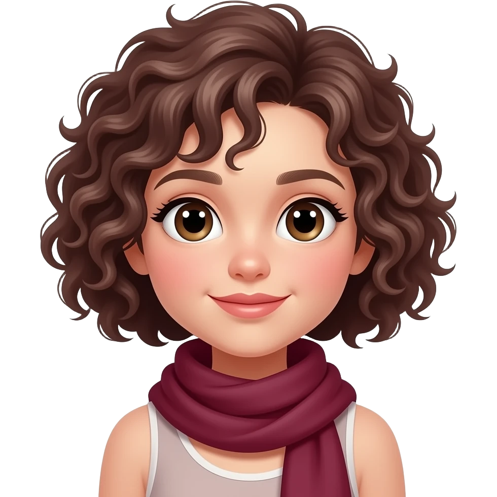 beautiful girl with big eyes fluffy short curly hairs mahroon color wear neck sarf emoji