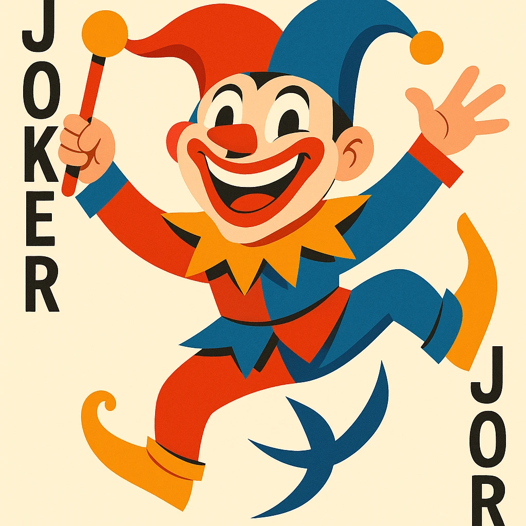 joker clown playing card, exaggerated smile, colorful costume, dynamic pose emoji