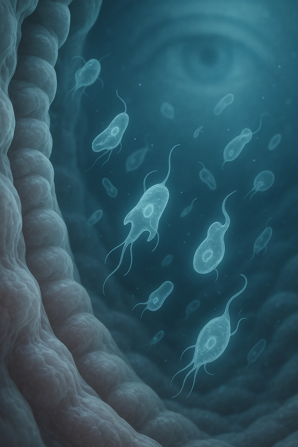 A detailed macro-style image of a translucent human intestinal wall under extreme magnification. Floating nearby are multiple protozoa — small, semi-transparent, shapeshifting organisms with flagella or cilia, glowing faintly under the microscope. In contrast, a faded overlay silhouette of a human eye is shown in the background, symbolizing how these organisms are invisible to unaided vision. The scene is softly lit with cool bluish tones, evoking a clinical and microscopic atmosphere. Focus is hyper-sharp on the protozoa, with blurred organic tissue textures in the background. Educational yet haunting, it shows how much remains unseen inside the body emoji