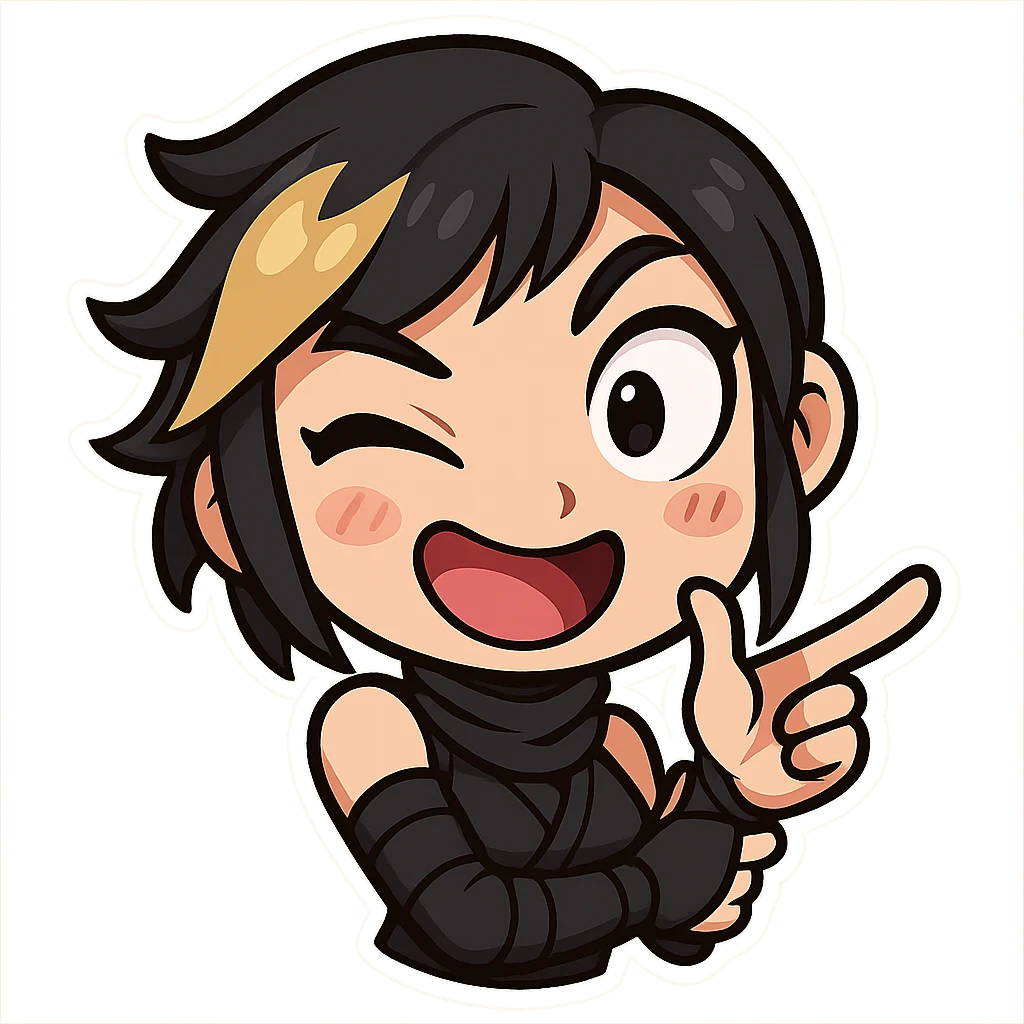Make the expression even weirder and cuter for a sexy chibi ninja girl with black short hair and a blonde streak, only head and arms, making a finger gun gesture, bold outlines, transparent background, no mask, one eye huge and the other tiny, mouth open in a silly grin, sized for Twitch emoji use. emoji