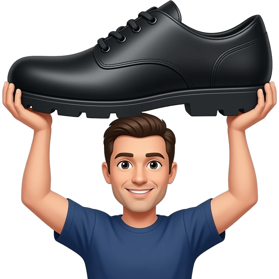 Man holding a giant shoe emoji