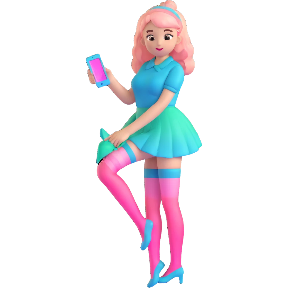 Cute girl character in stockings adjusting fashion accessory, pink gradient from bright pink to light pink, transparent glass style with highlights emoji