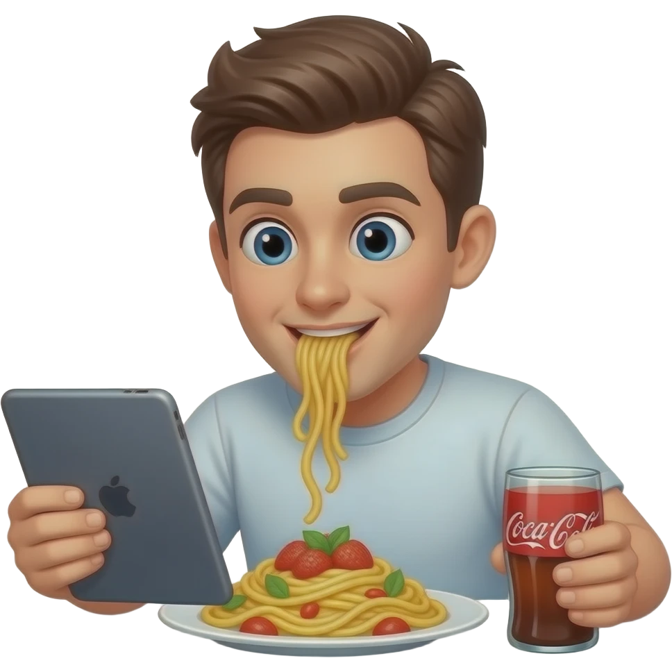 Crée une personne qui regarde un iPad et qui mange des pâtes et qui boivent du coca emoji