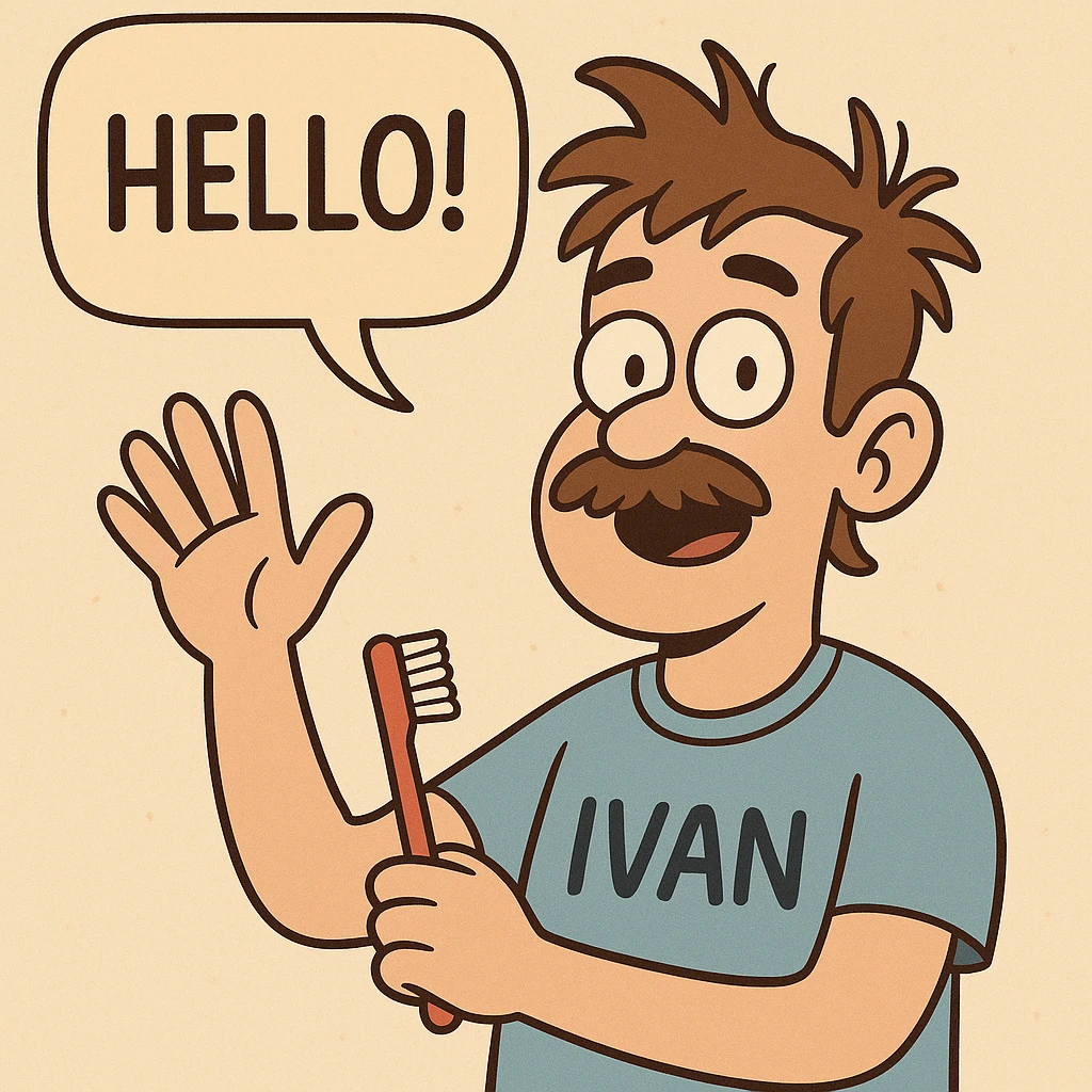 A boy brown mustache Toothbrush Bed Head hair blue ok t-shirt Ivan say hello emoji