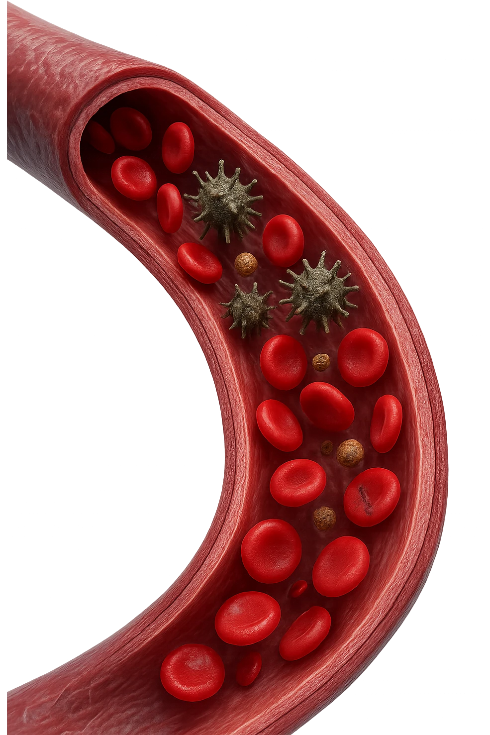 tossine che entrano in una vena umana anatomica realistica, vista dall'alto, iperrealistica 4k emoji