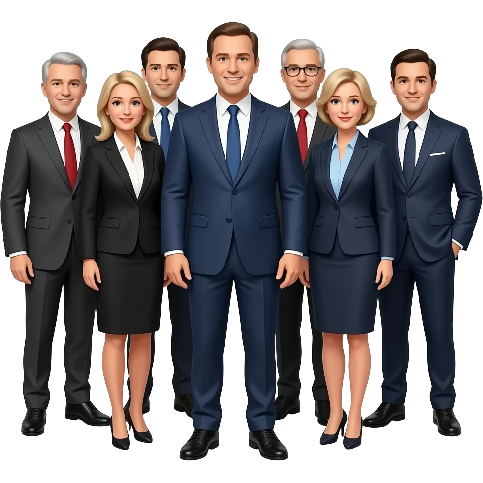 een groep politici die fier op de foto staan, strak in het pak. emoji