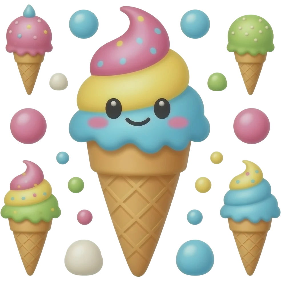 cute ice cream cone emoji, 3D cartoon style, colorful, soft lighting, white background emoji