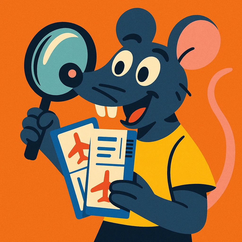 a playful style rat holding a magnifying glass and airplane tickets emoji