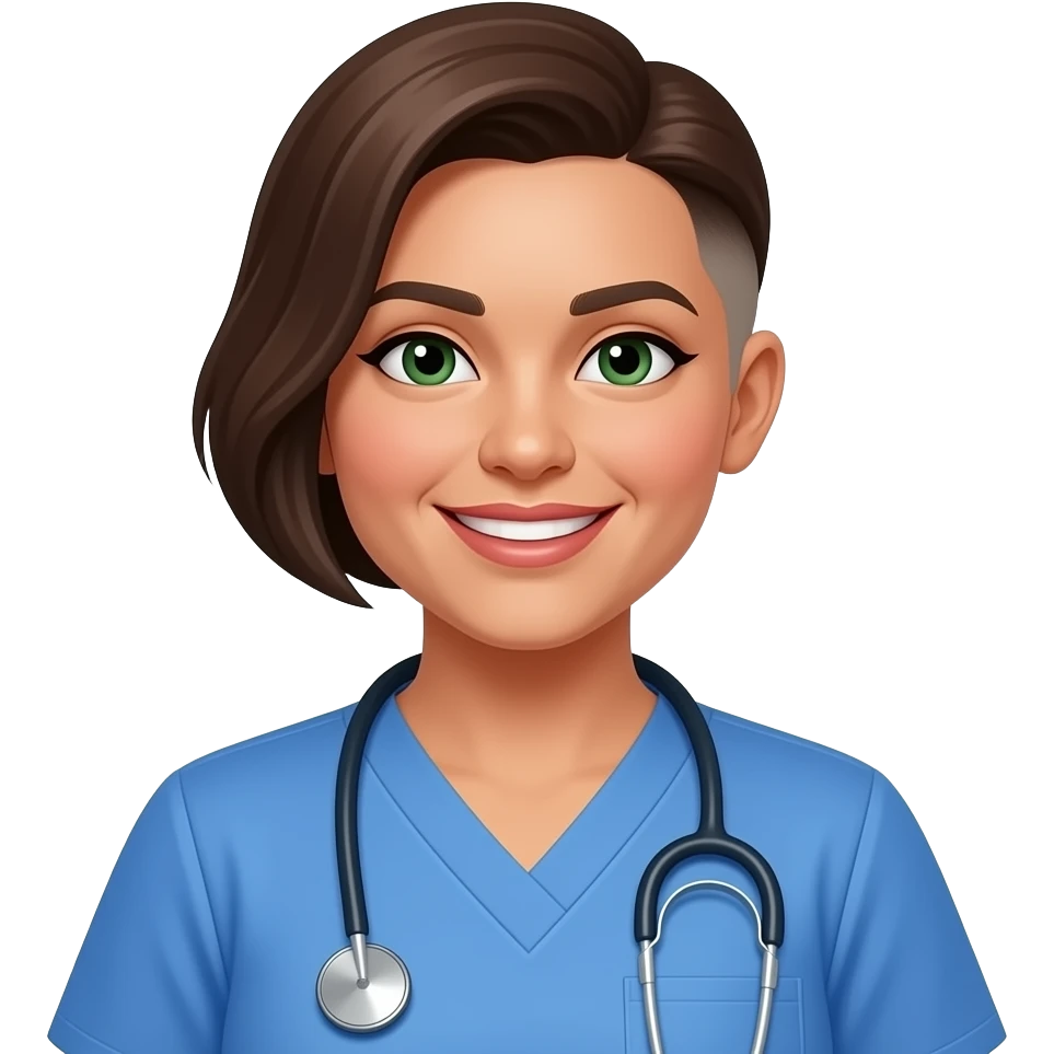 456yr female nurse instructor, dark green eyes, Hispanic, thin eyebrows, mid size lips, hair cut is short with one side shaved with the other short below the ear,, 180 pounds, smiling, small nose, wearing blue nurse scrubs, wears a stethoscope, brown hair with almost no white. emoji