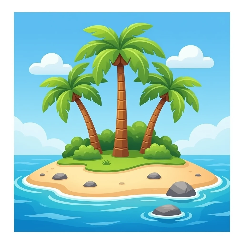 Island, sand island base, with green bushes on top, and three palm trees in the middle of the oceanIsland, sand island base, with green bushes on top, and three palm trees in the middle of the ocean, no rocks emoji