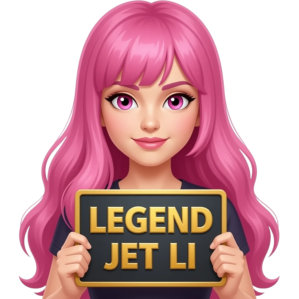 sexy girl with long pink hair and pink eyes holding LEGEND JET LI sign emoji