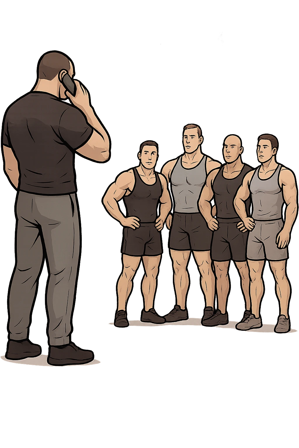 a bodybuilding coach is seen far away on the sidelines, partially turned away from the team or group, engaged in another activity (like reading, texting, or talking on the phone), while the athletes look toward them for support or instruction. The distance between coach and team is visually clear, symbolizing lack of presence. in italiano emoji