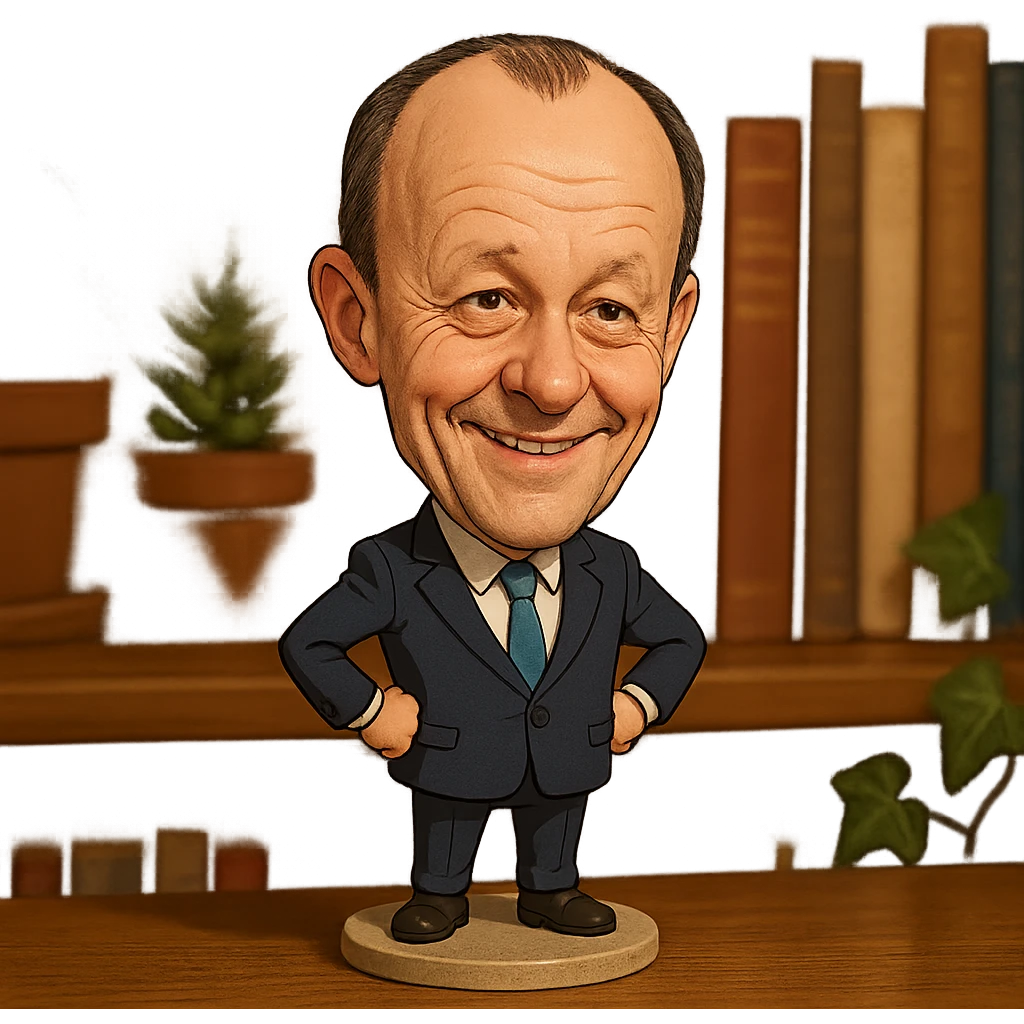 Friedrich Merz, German politician, in a suit, playful meme-style sticker, exaggerated features, Discord sticker style emoji