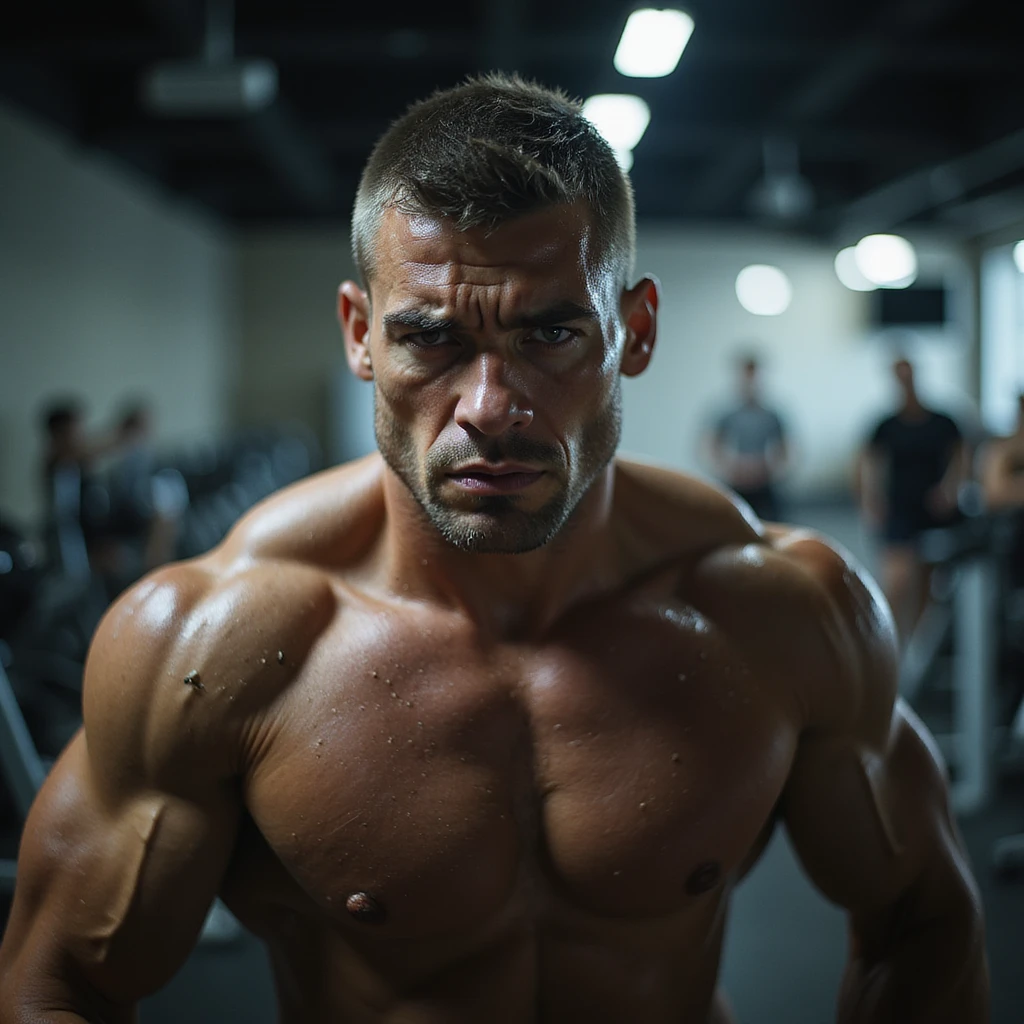 realistic, dramatic lighting; muscular man in gym, mid-workout, tense and weary face, sweat, eyes with emotional fatigue, background with blurry stress symbols (emails, bills, clocks), gym equipment, surreal overlay emoji