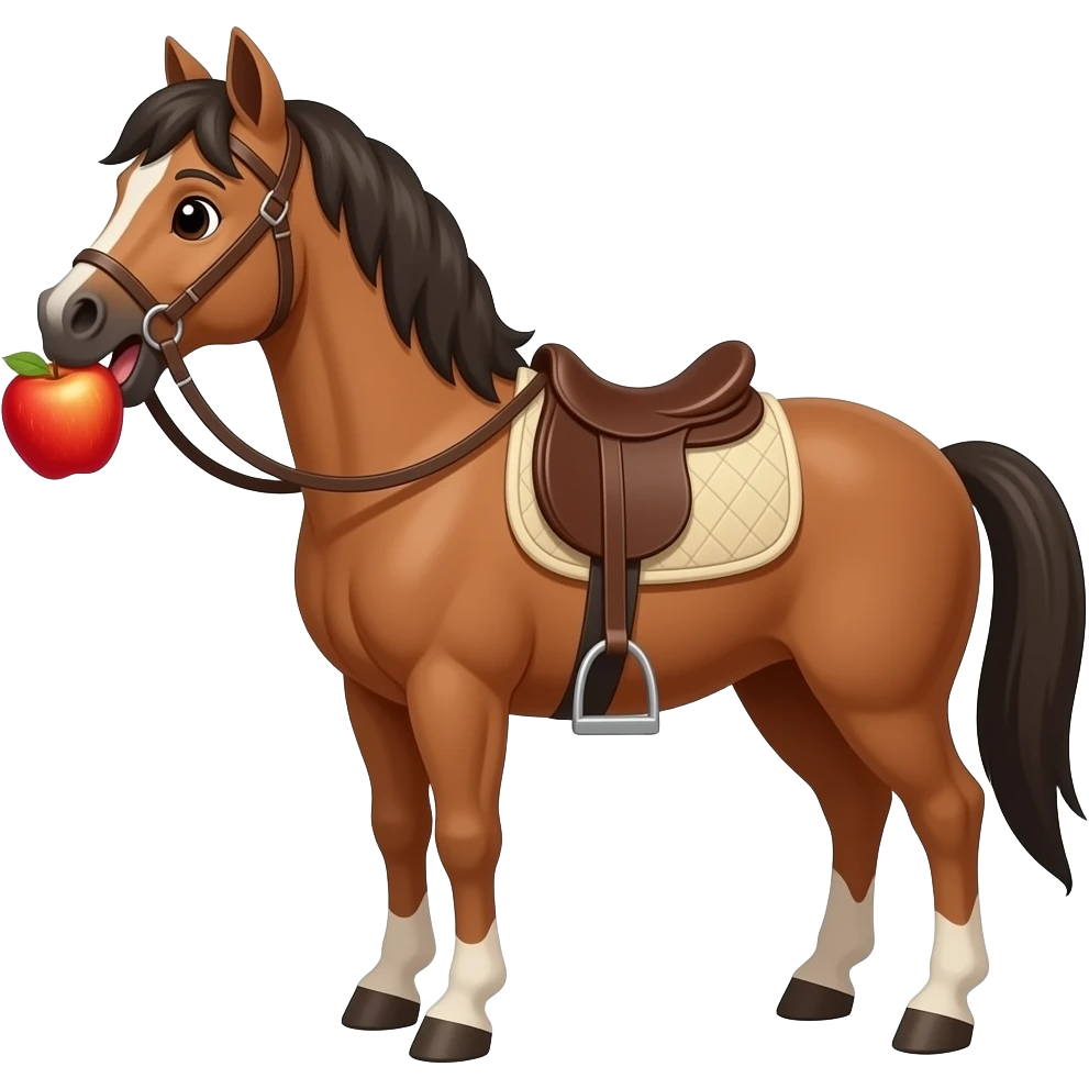 The cartoon brown horse with saddle and briddle chews anple emoji
