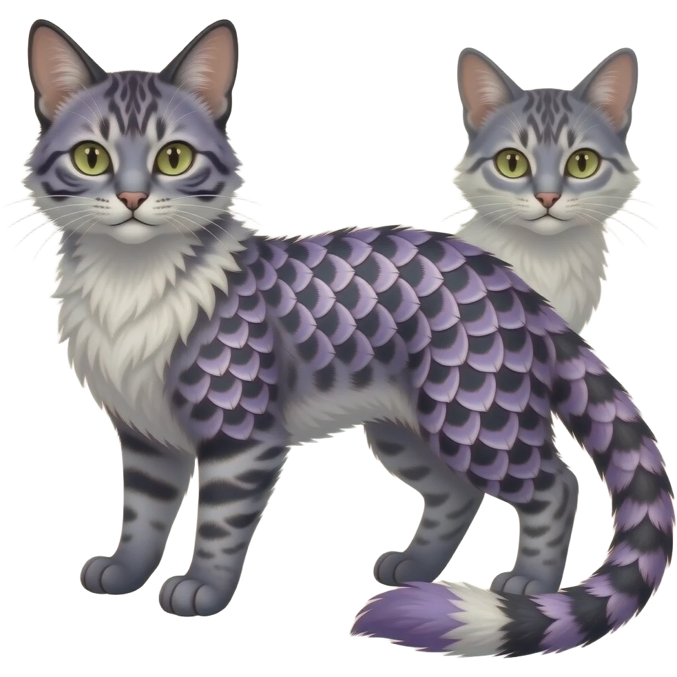 Slim elegant realistic Asian Furry, chevron-patterned feathery fluffy tropical flecked painted feathery scaly, Purple, white, black, Minccino-Bambino-Lykoi-Linoone-Zangoose-fusion-hybrid-animal-Fakémon-creature, full body, thin long sleek scaly tail, intricate markings emoji