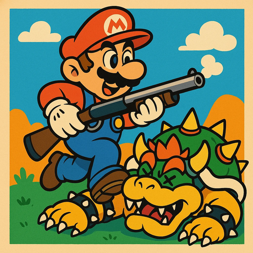 Mario holding a shotgun, Bowser defeated on the ground, dynamic action, cartoon style, vibrant colors emoji