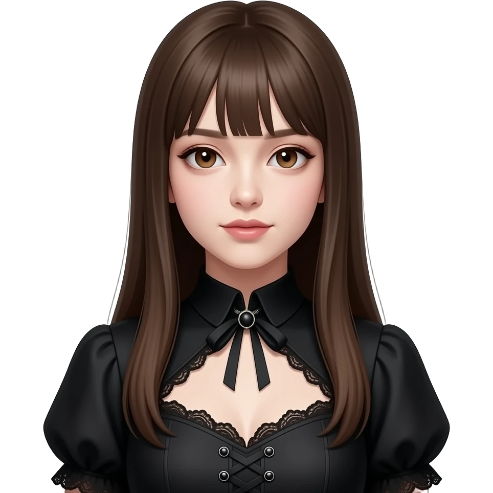realistic pretty white skin long straight brown hair girl brown eyes long face wearing gothic dress HD emoji