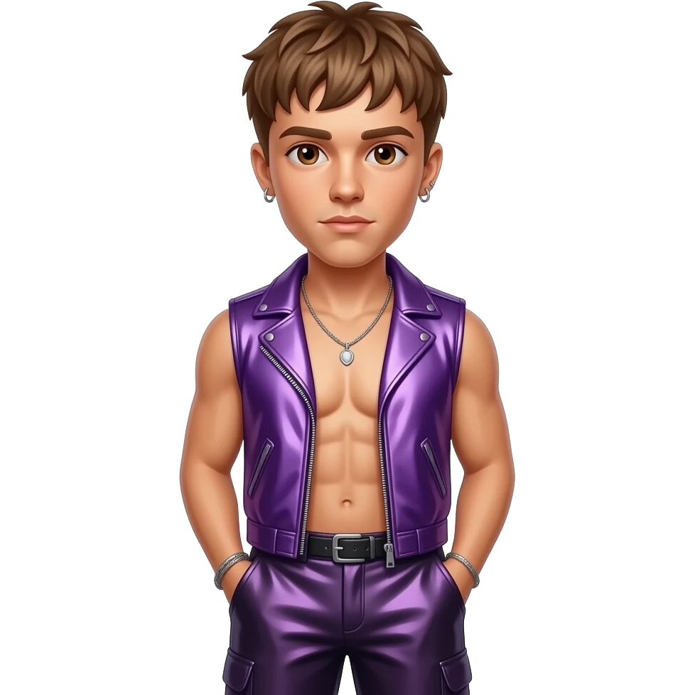 Justin Bieber with light brown hair, brown eyes, purple metallic vest, dark purple metallic baggy pants, shirtless with necklace and earrings emoji