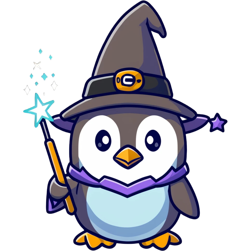 cute penguin wizard with sparkles emoji