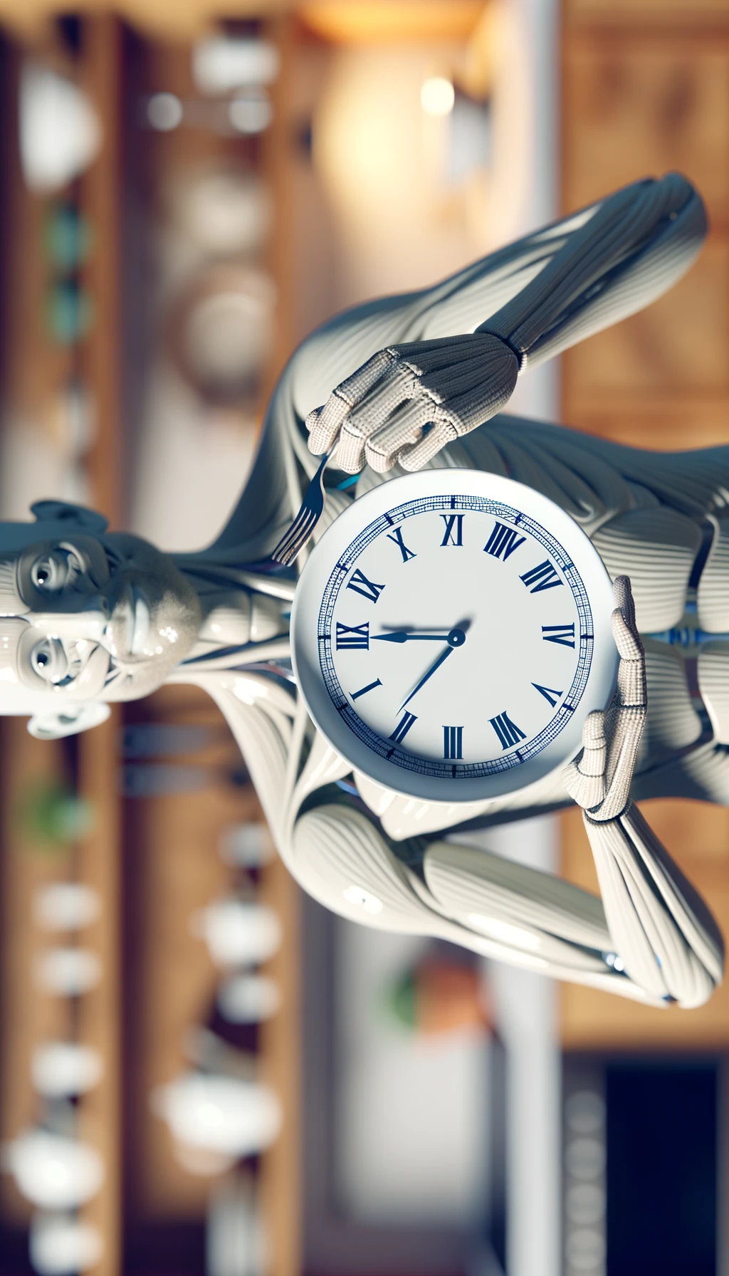 corpo umano anatomico, che tiene in mano un piatto bianco con la lancette di un orologio sopra, figura visibile fino ai fianchi, espressione del volto soddisfatta, sullo sfondo la sua cucina sfocata, iperrealistico 4k emoji
