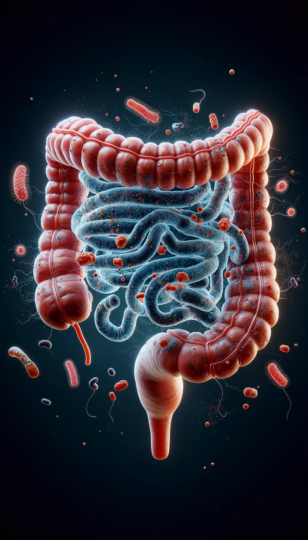 intestino umano realistico con batteri e parassiti che gli fluttuano intorno, iperrealistico 4k emoji
