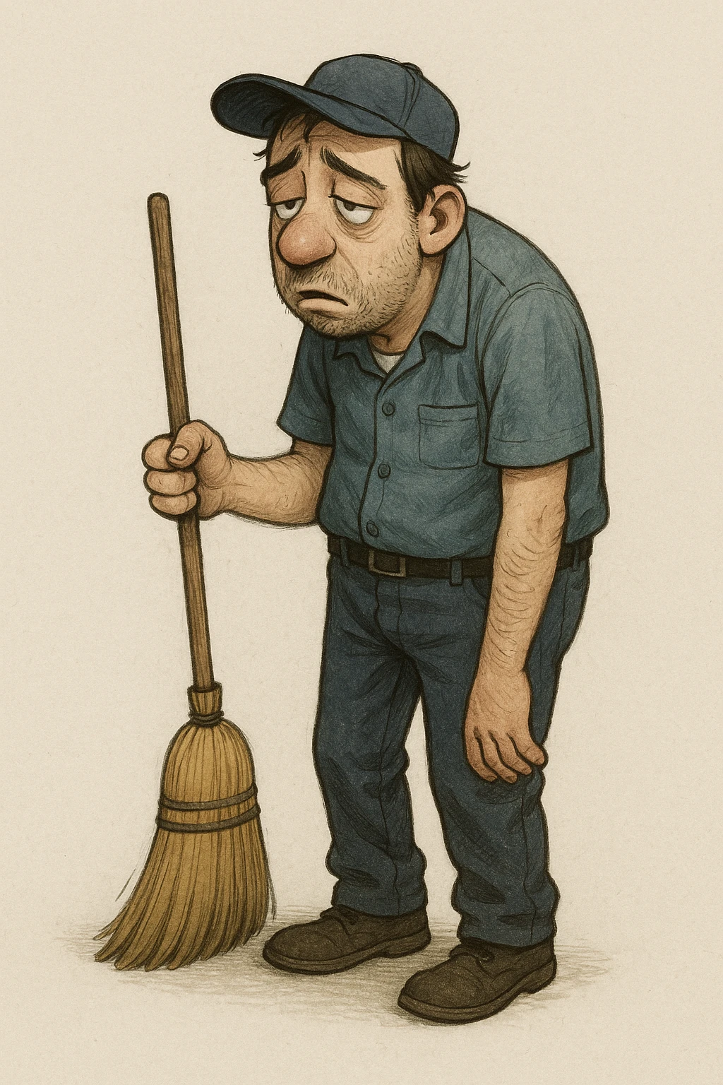lazy janitor with slouched posture, holding a broom, looking tired, wearing casual uniform, simple background emoji