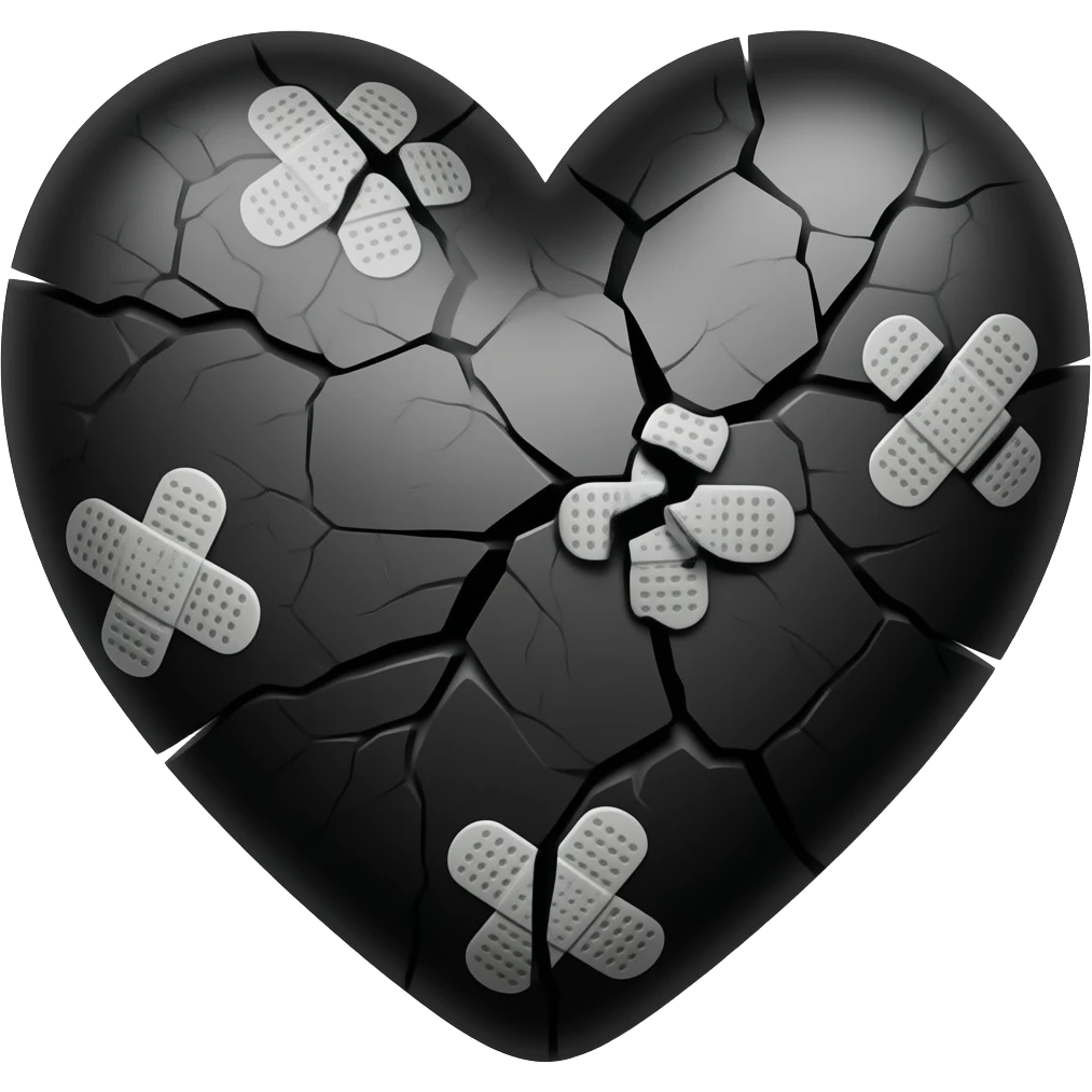 Black cracked mending heart with several small white band aids emoji