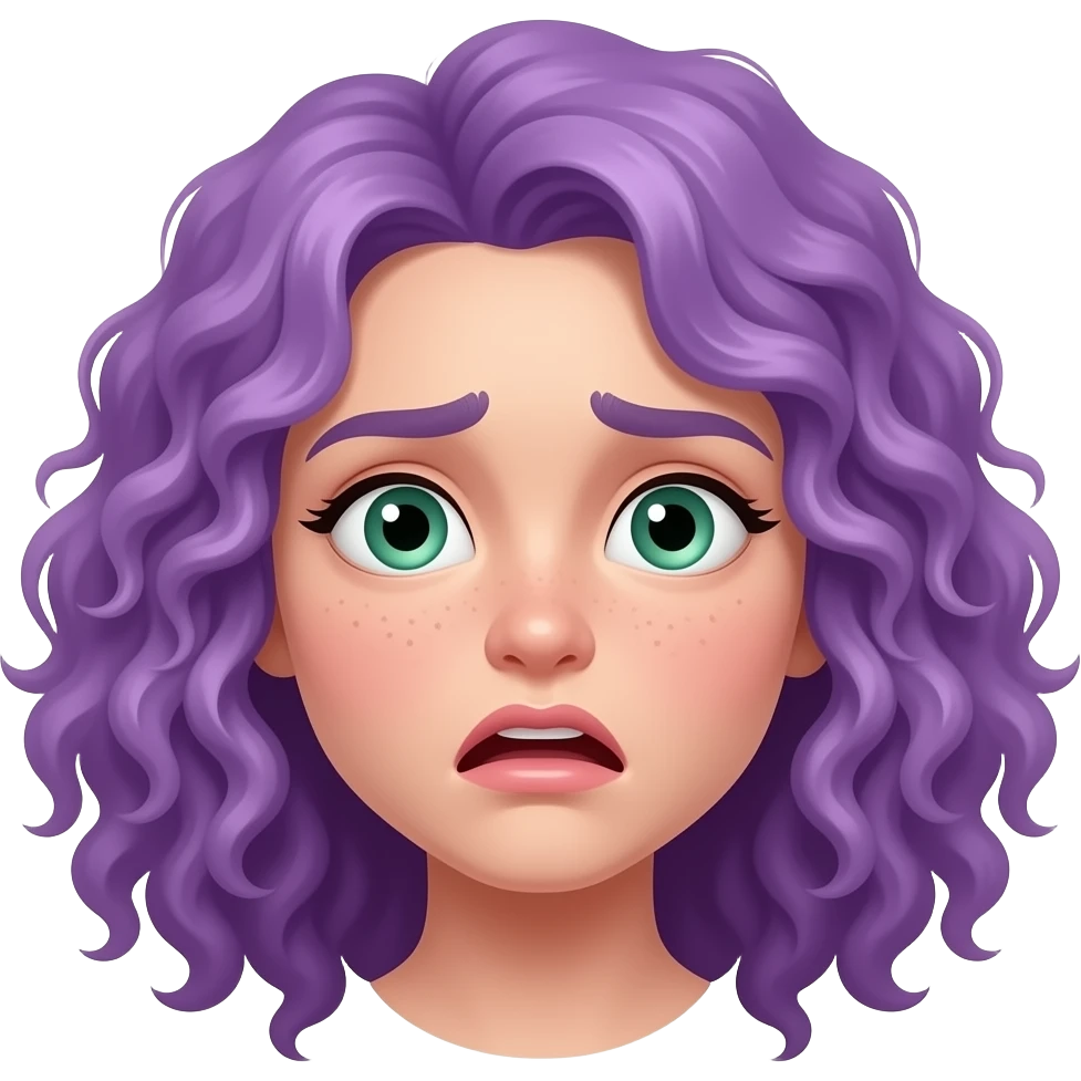 white girl with curly purple hair and green eyes scared emoji