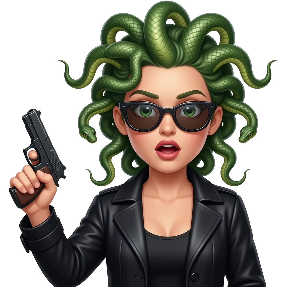 Surprised beautiful female Medusa in black coat with sunglasses holding gun emoji