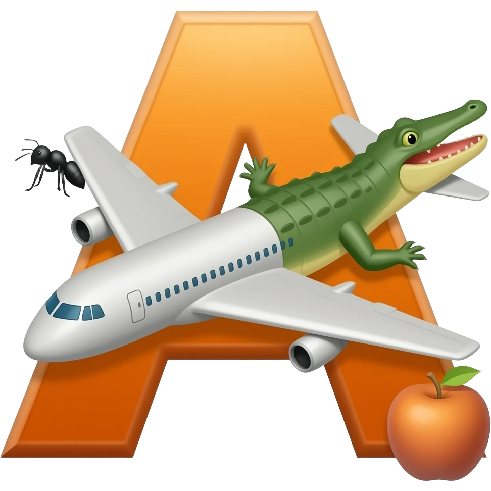 Orange letter A is for airplane, alligator, ant, apple emoji