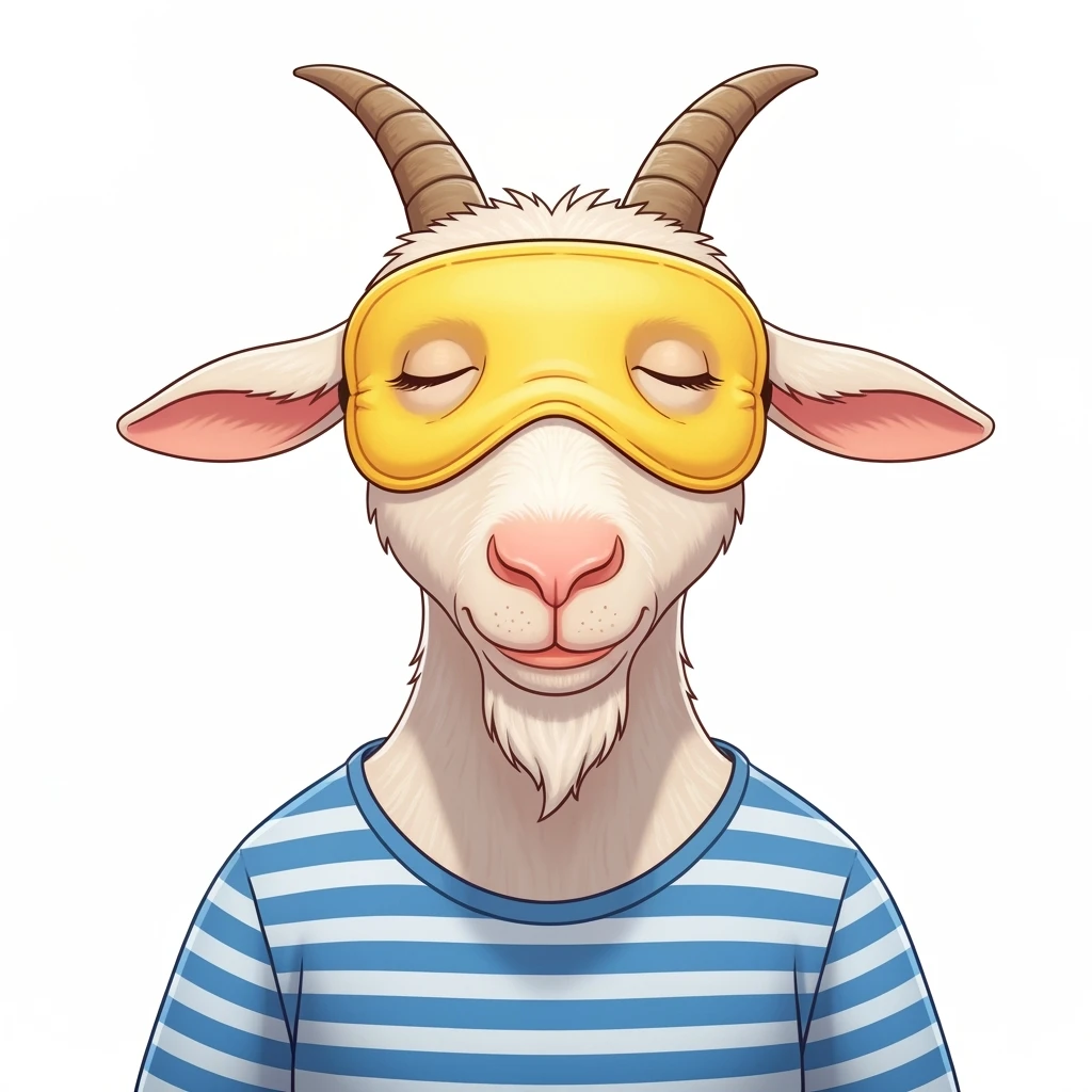 a goat with yellow sleep mask and wearing shirt, front view,  Frontal Top-Down Soft Light, white background, portrait, casual cartoon stylized emoji
