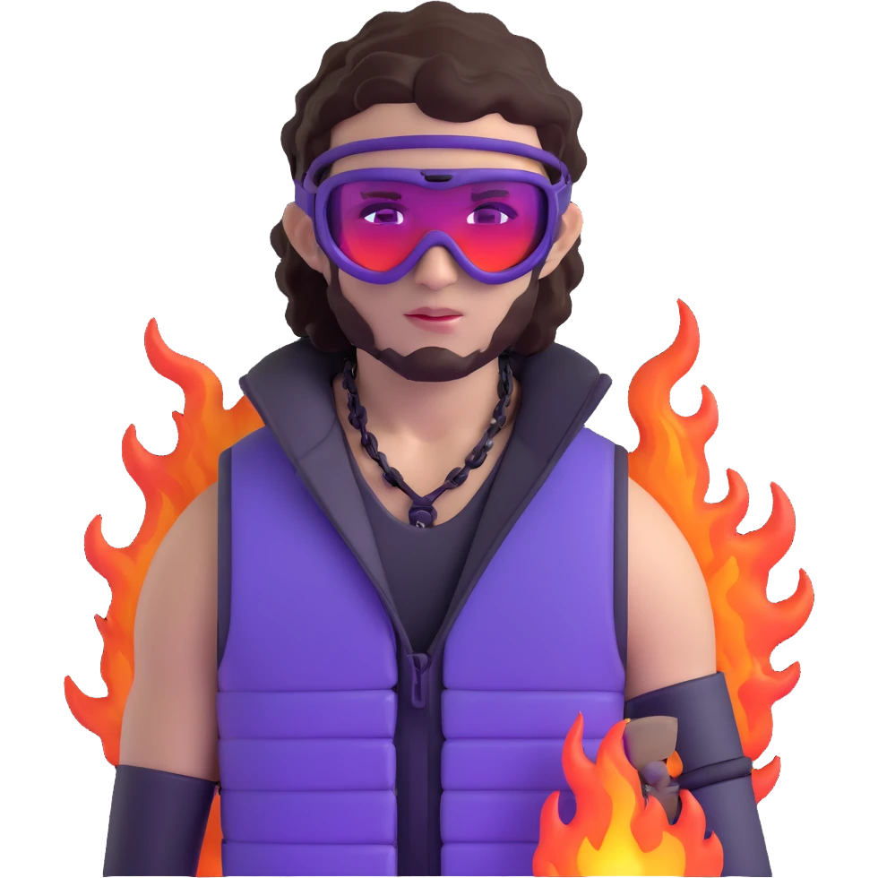 close-up of bad guy male athlete with white skin and moderately curly dark brown hair on top with shaved sides, wearing ski goggles with purple frames and very dark black lenses, a simple plain black chain necklace, and a completely unzipped sleeveless vest with purple and black sequin fire pattern design with no logo, with an extremely arrogant sneer on his face, looking menacing and villainous, exuding overconfidence and a threatening aura emoji