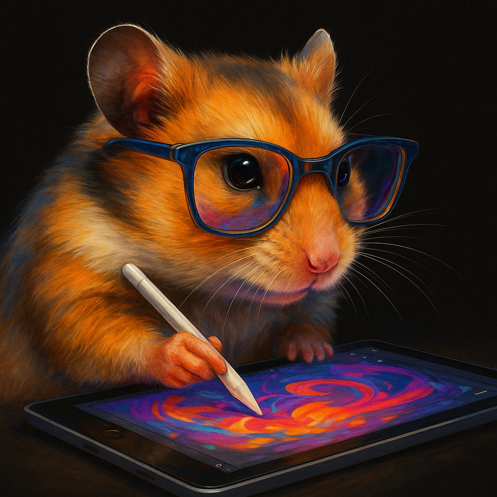 a unique, colorful, modern, highly realistic hamster wearing cool glasses, creating a design or making animations, showing creative action, illustrated in Procreate on an iPad, solid black background, not kiddish emoji