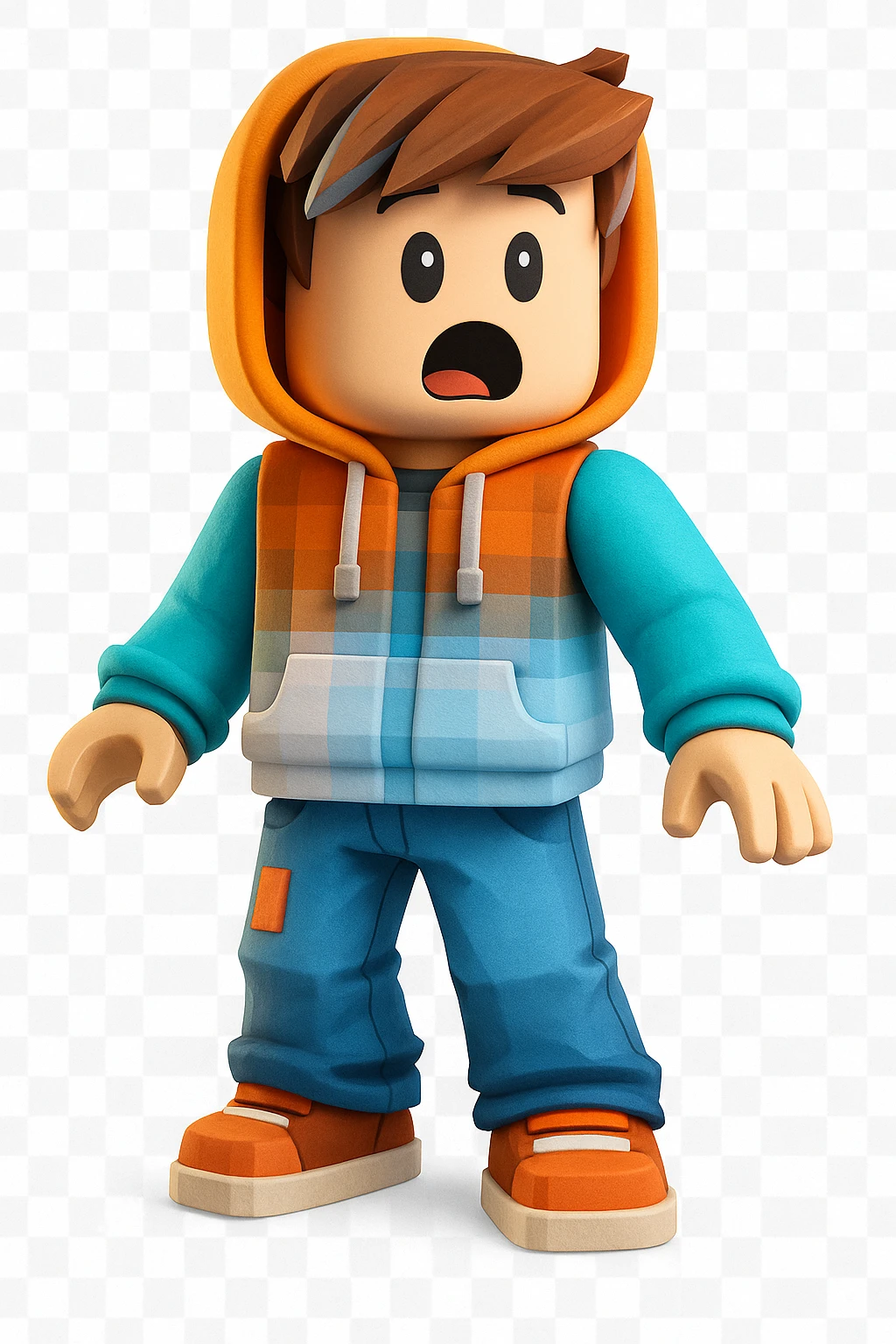 Edit the character in the reference image to have a surprised expression, keeping the original Roblox style, outfit, and face color exactly as in the reference image. emoji