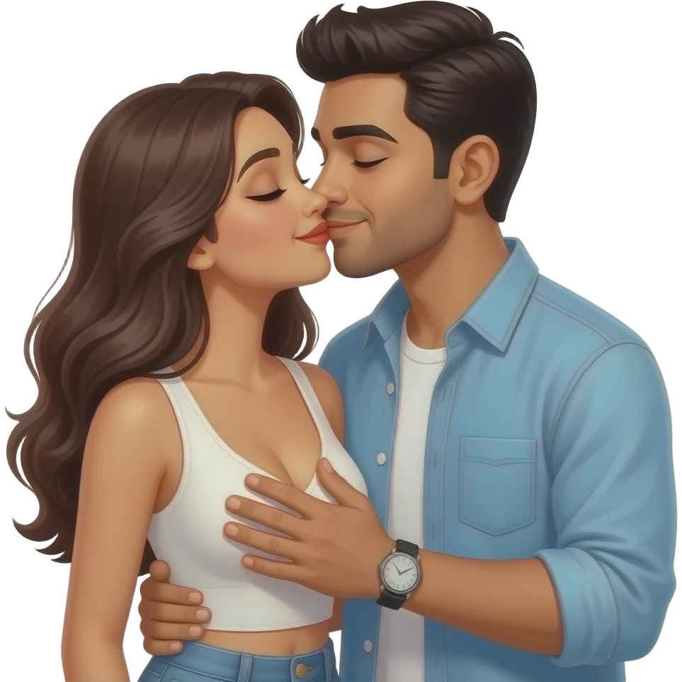 Husband kissing wife lovingly Indian couple modern casual dress. Husband hand on wife chest. Lady low neck, husband no beard no moustache emoji