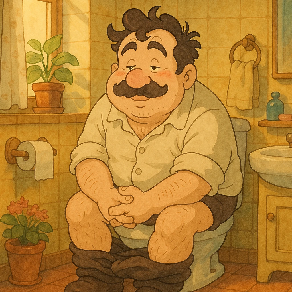 man pooping on toilet, exaggerated features, ghibli style emoji