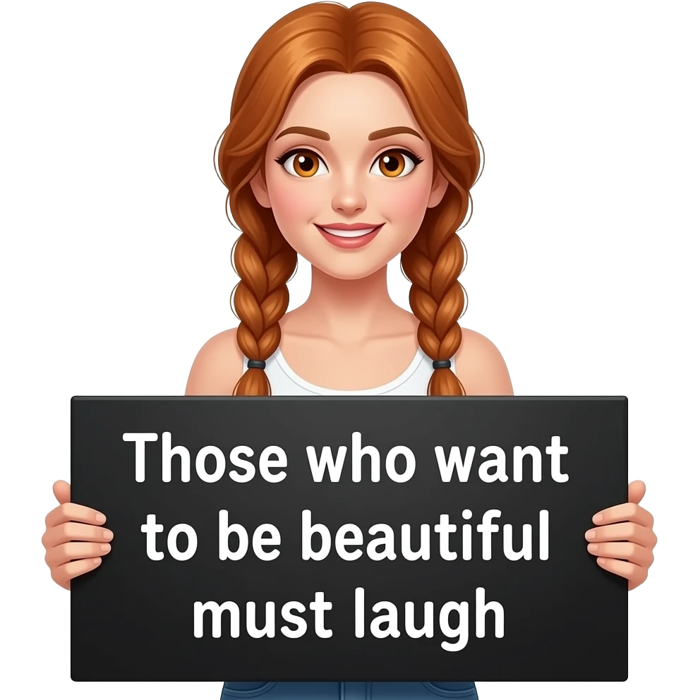 sexy girl with long ginger braids and ginger eyes wearing a white tanktop is holding a big black sign with Wer SCHÖN SEIN will, muss LACHEN written on it emoji