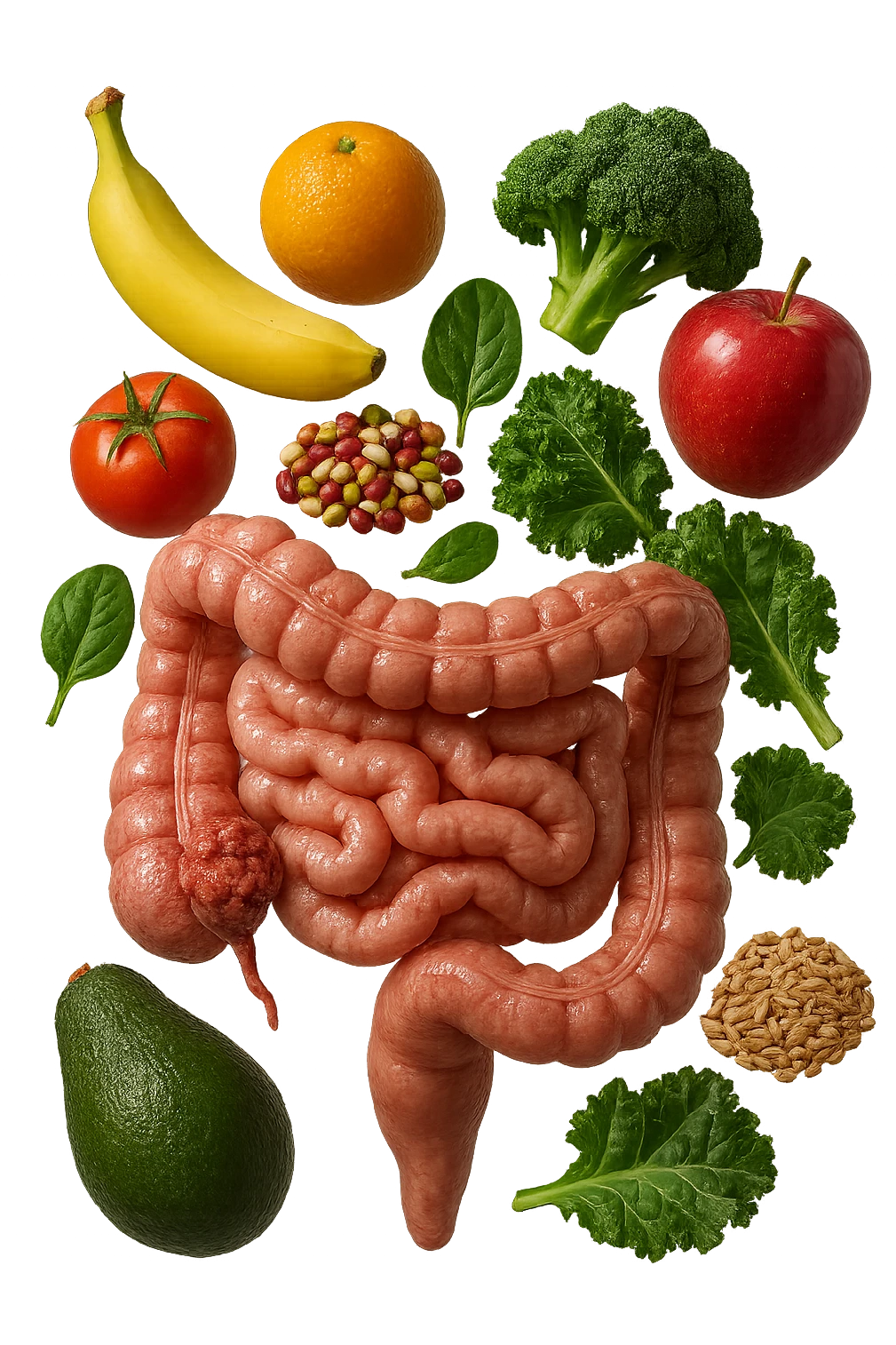 verdure, frutta intera, legumi, cereali integrali FLUTTUANO IN ARIA DIETRO AD UN INTESTINO UMANO ANATOMICO REALISTICO CON MASSA TUMORALE VISIBILE SUL COLON, iperrealistico 4k emoji