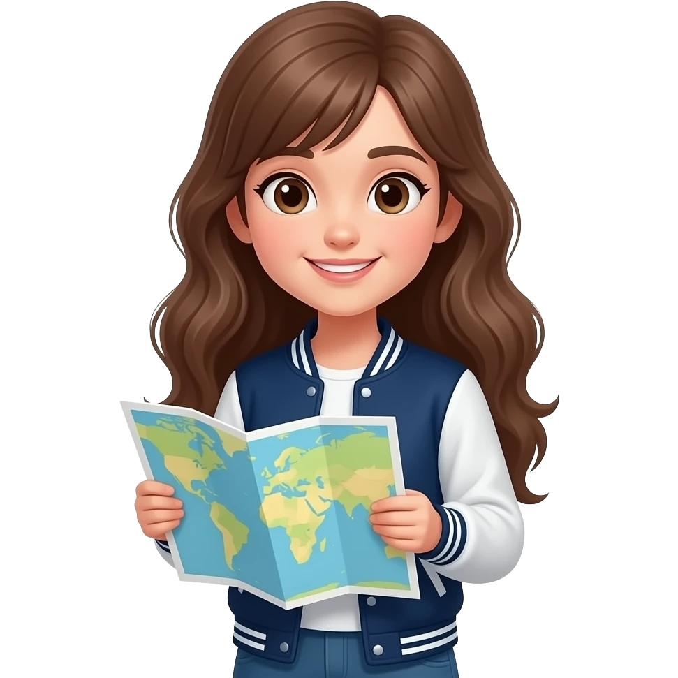 girl wearing a navy varsity jacket. she hold a map. simply style emoji