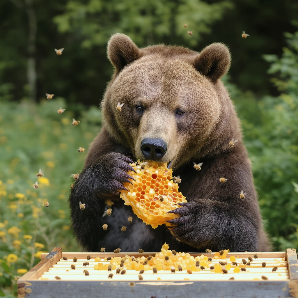 bear eating honeycomb with bees flying around emoji