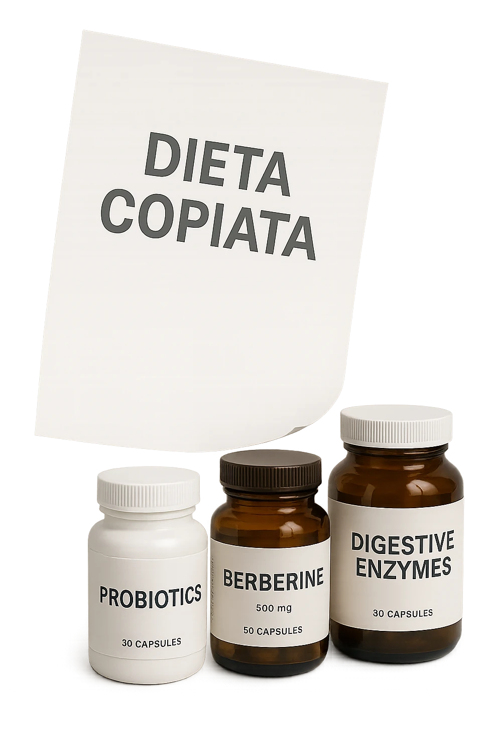 FOGLIO DI CARTA FLUTTUA IN ARIA CON LA SCRITTA "DIETA COPIATA", INSIEME A BARATTOLI DI INTEGRATORI PER CURARE IL SIBO, IPERREALISTICO 4K, NON DISEGNATO emoji