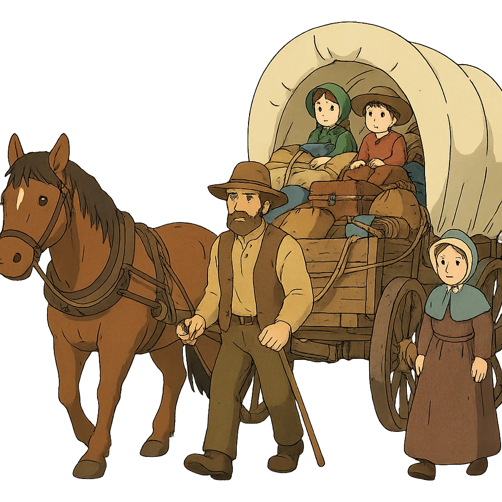 A poor American pioneer family in the 1840s setting out with a horse and wagon stuffed with their belongings to migrate to the American West. emoji