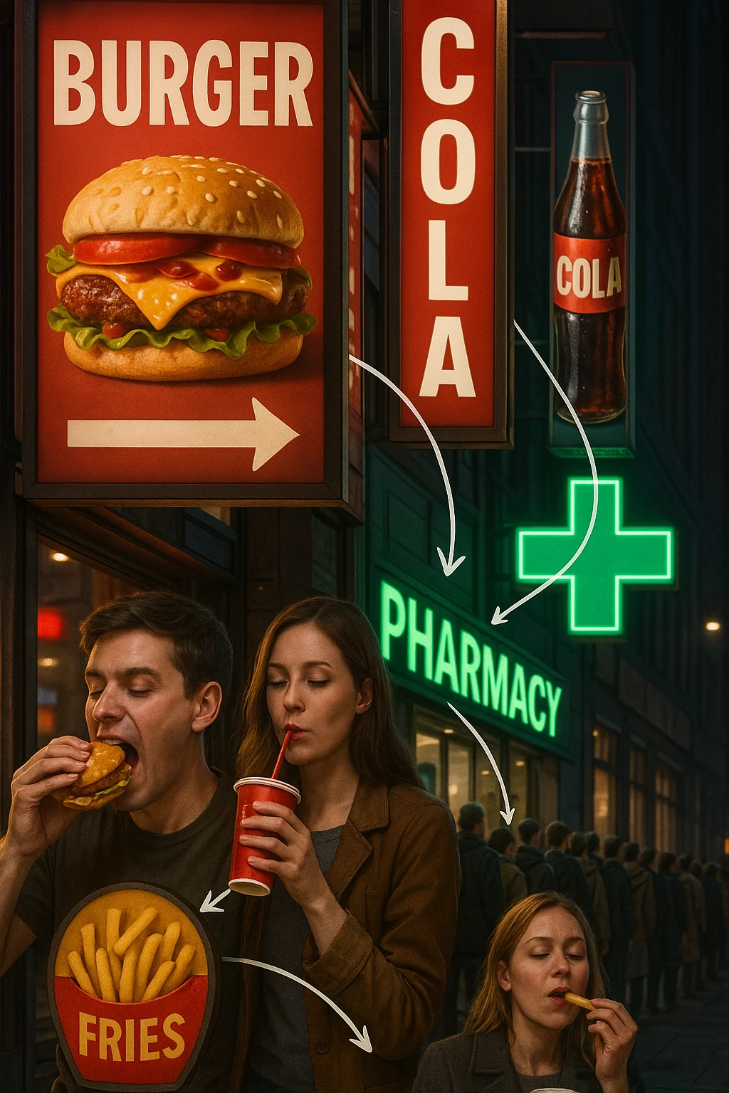 Realistic, vertical scene: a city street filled with bright, enticing advertisements for junk food and alcohol. In the foreground, people indulge in unhealthy foods and drinks, while in the background, a large pharmacy sign glows, and a line of people waits to buy medicine. Subtle arrows or visual cues connect the unhealthy choices to the need for medication, highlighting the cycle. in italiano emoji
