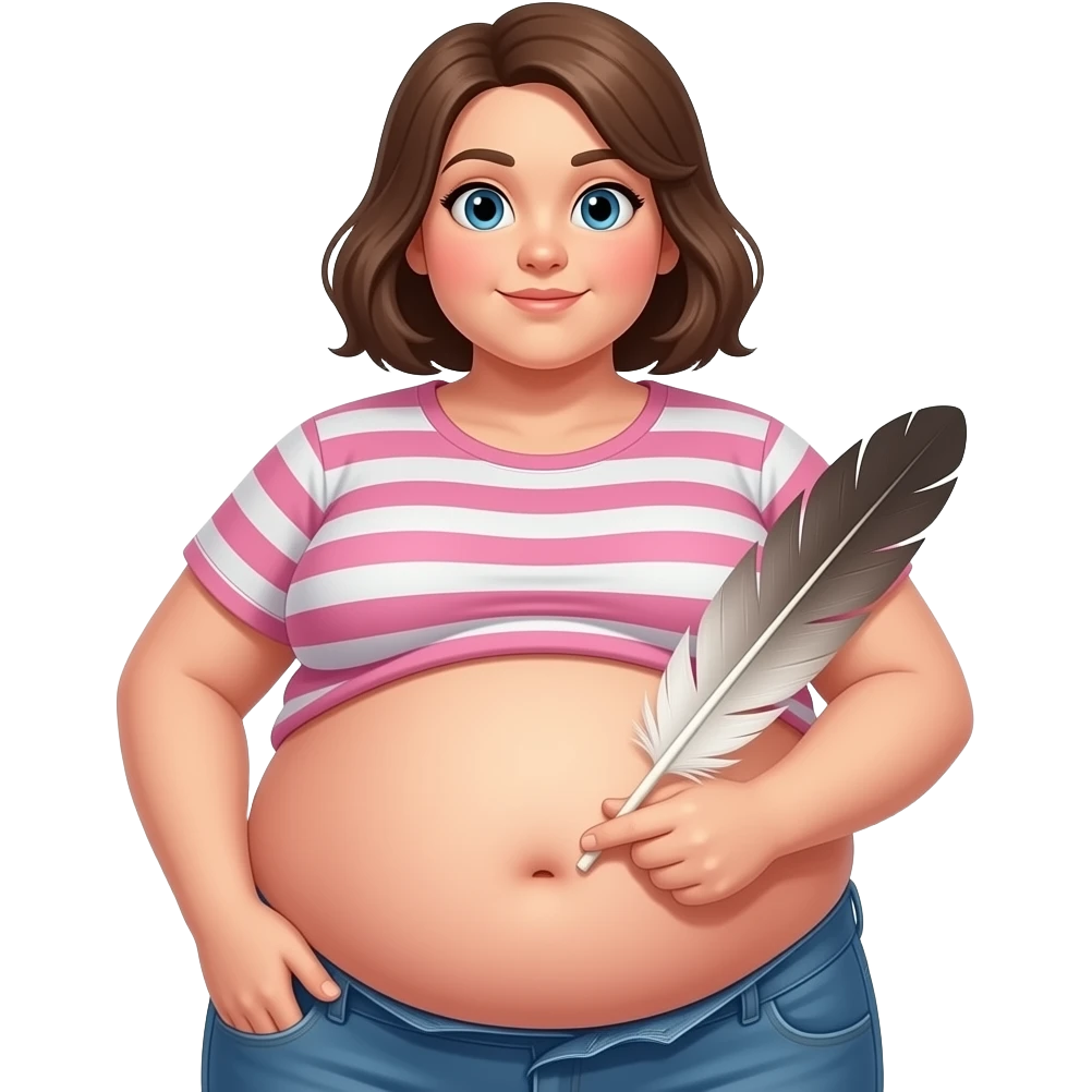 A girl with a huge bloated belly,now faces a battle with a feather that wants to tickle her bellybutton. emoji