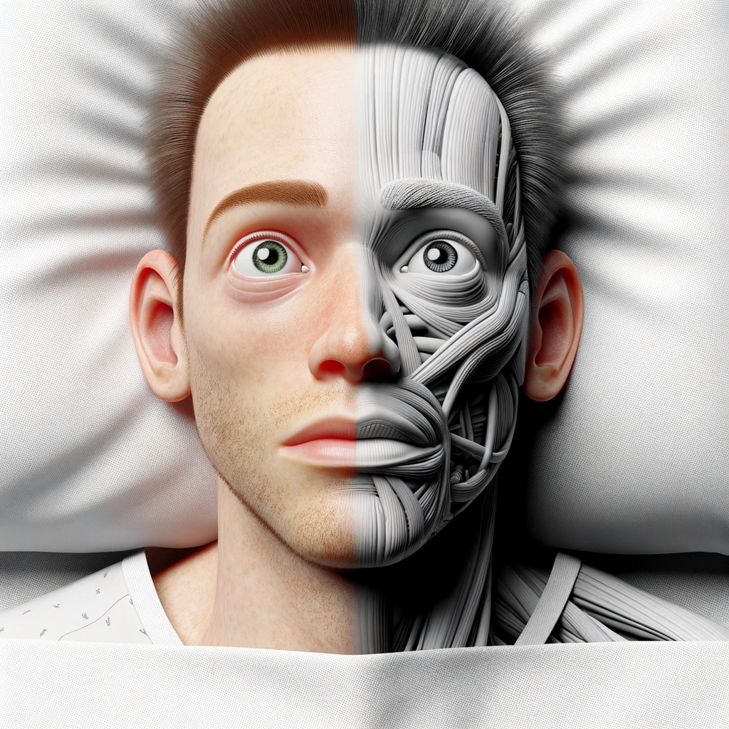 corpo umano anatomico con capelli corti che non riesce a dormire, sta nel letto con  gli occhi sbarrati e l'espressione nervosa, visto dall'alto, iperrealistica 4k, isolato su sfondo bianco emoji