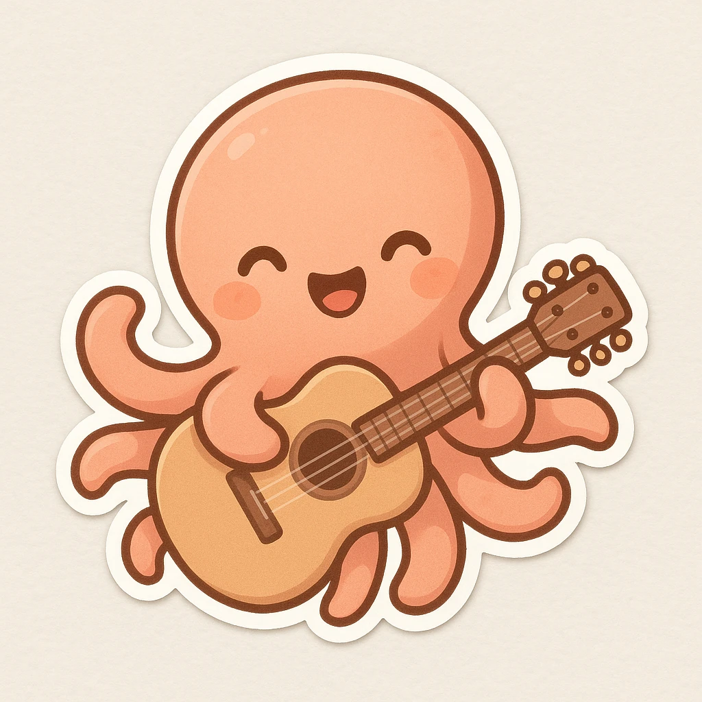 happy octopus with multiple arms playing guitar emoji