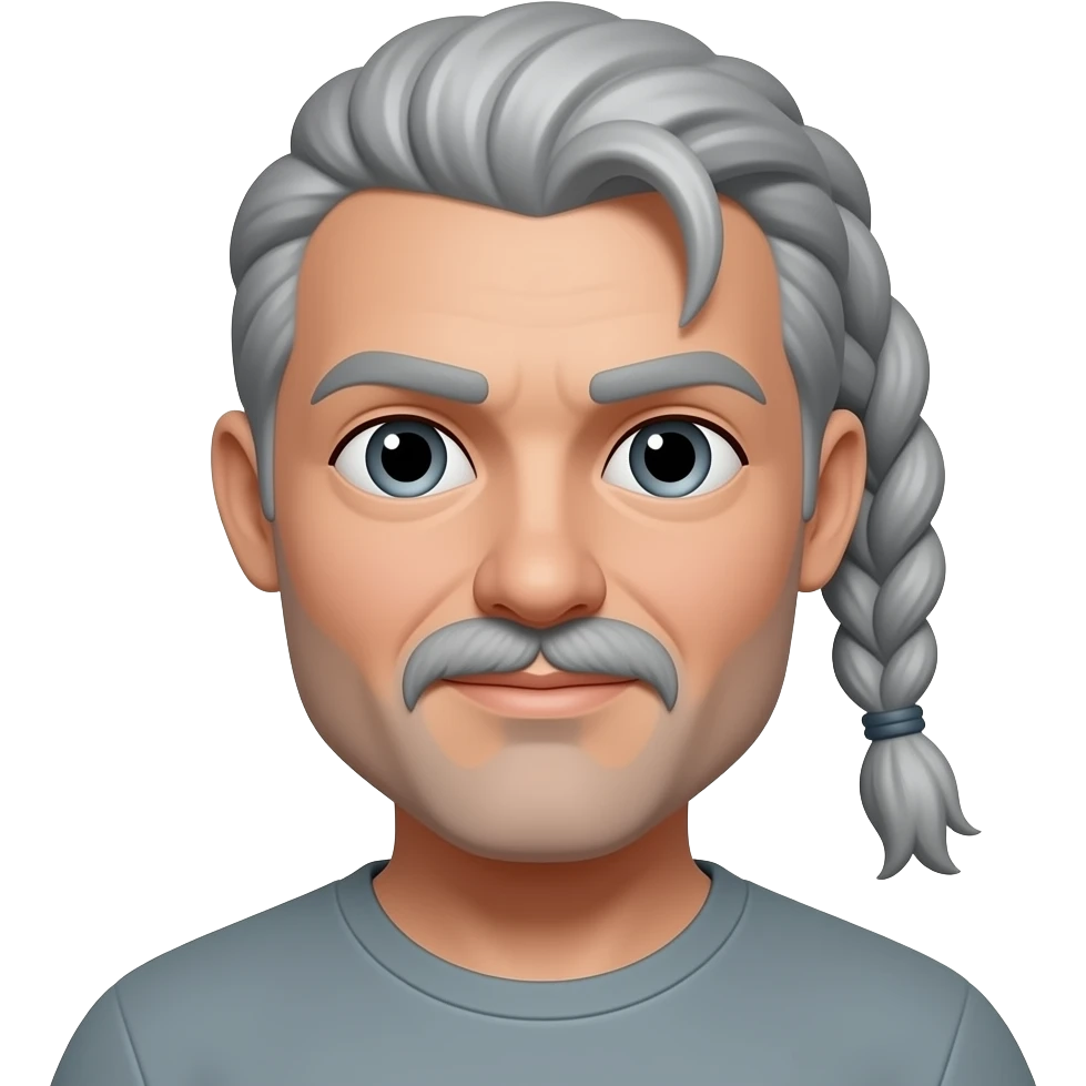 Man with gray braid ponytail, mustache and chin patch emoji